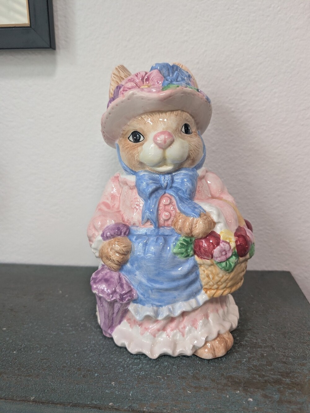 Spring Colorful Bunny Rabbit  with Floral Basket Umbrella Easter Decor Figurine